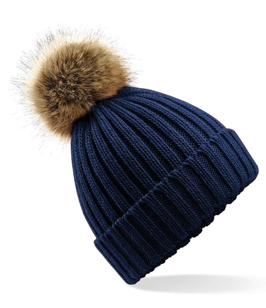 Beechfield Faux Fur Pop Pom Chunky Beanie in ONE Navy by Beechfield — Custom branded clothing by Print Press, featuring premium embroidery produced in our specialist print lab in the UK.