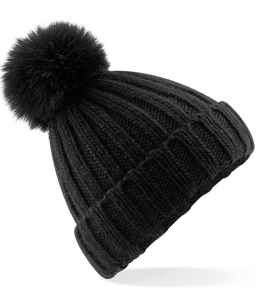 Beechfield Verbier Fur Pop Pom Beanie in ONE Black by Beechfield — Custom branded clothing by Print Press, featuring premium embroidery produced in our specialist print lab in the UK.