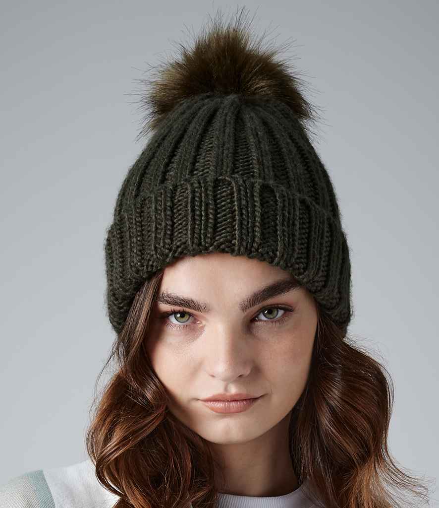 Beechfield Verbier Fur Pop Pom Beanie in ONE Dark Olive by Beechfield — Custom branded clothing by Print Press, featuring premium embroidery produced in our specialist print lab in the UK.