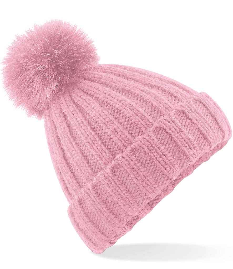 Beechfield Verbier Fur Pop Pom Beanie in ONE Dusky Pink by Beechfield — Custom branded clothing by Print Press, featuring premium embroidery produced in our specialist print lab in the UK.