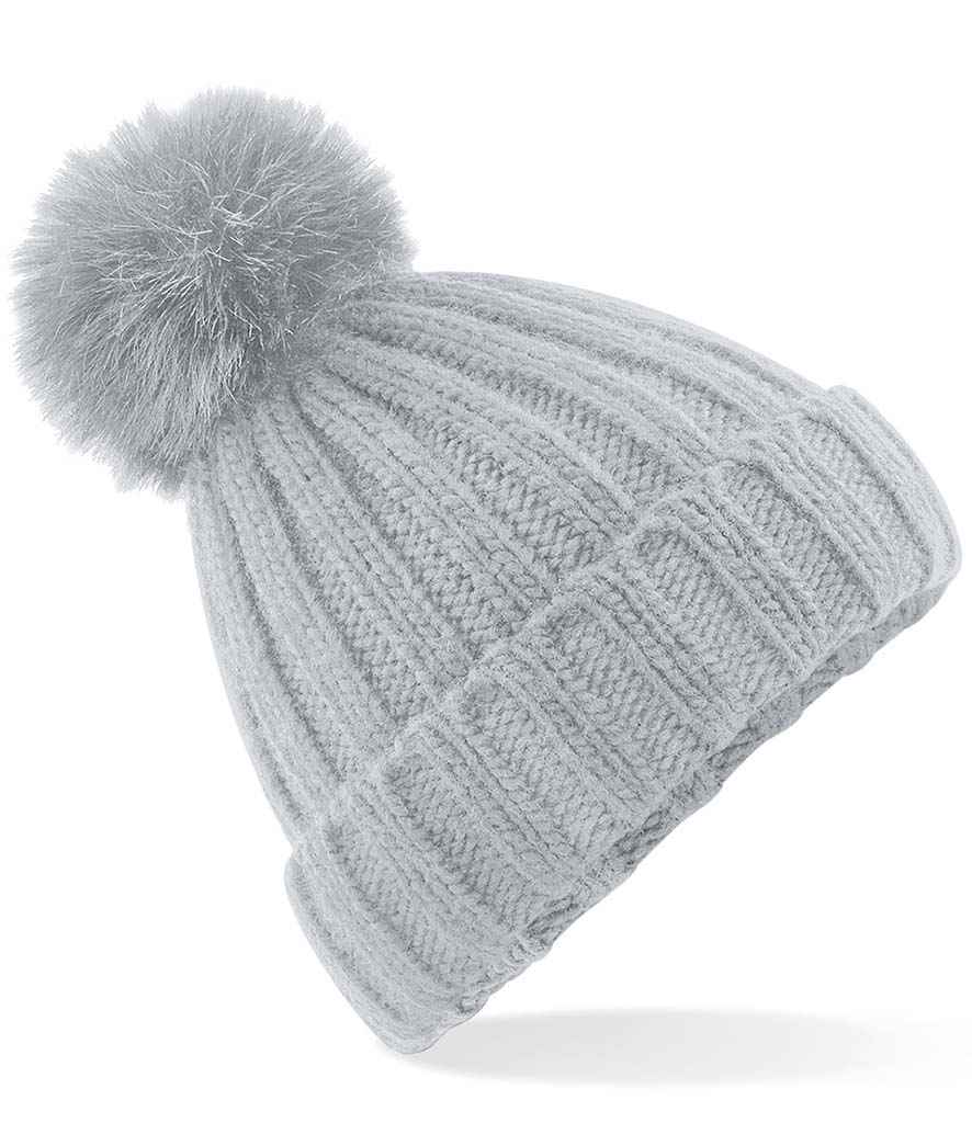 Beechfield Verbier Fur Pop Pom Beanie in ONE Light Grey by Beechfield — Custom branded clothing by Print Press, featuring premium embroidery produced in our specialist print lab in the UK.