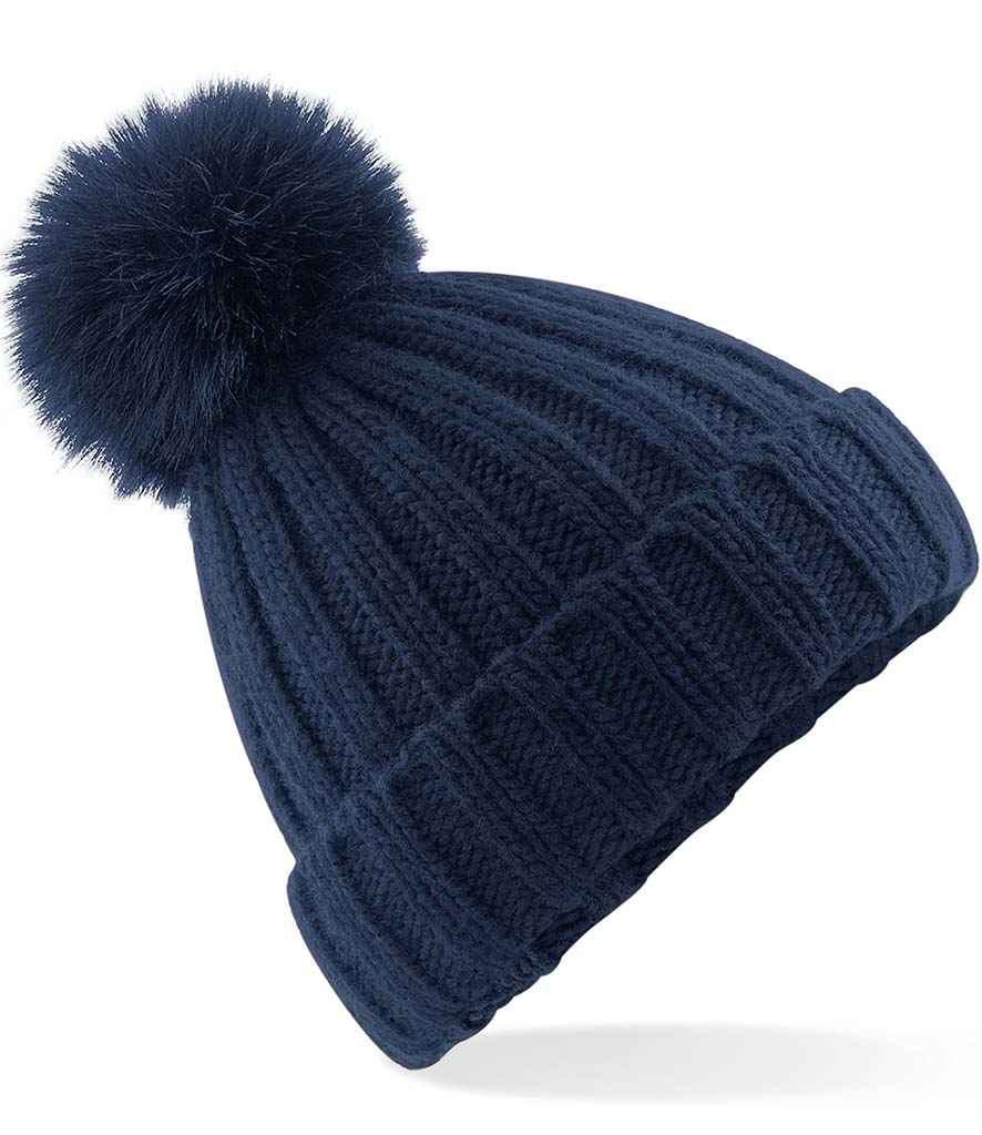Beechfield Verbier Fur Pop Pom Beanie in ONE Navy by Beechfield — Custom branded clothing by Print Press, featuring premium embroidery produced in our specialist print lab in the UK.