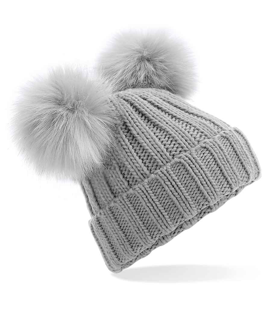 Beechfield Junior Faux Fur Double Pom Pom Beanie in ONE Light Grey by Beechfield — Custom branded clothing by Print Press, featuring premium embroidery produced in our specialist print lab in the UK.