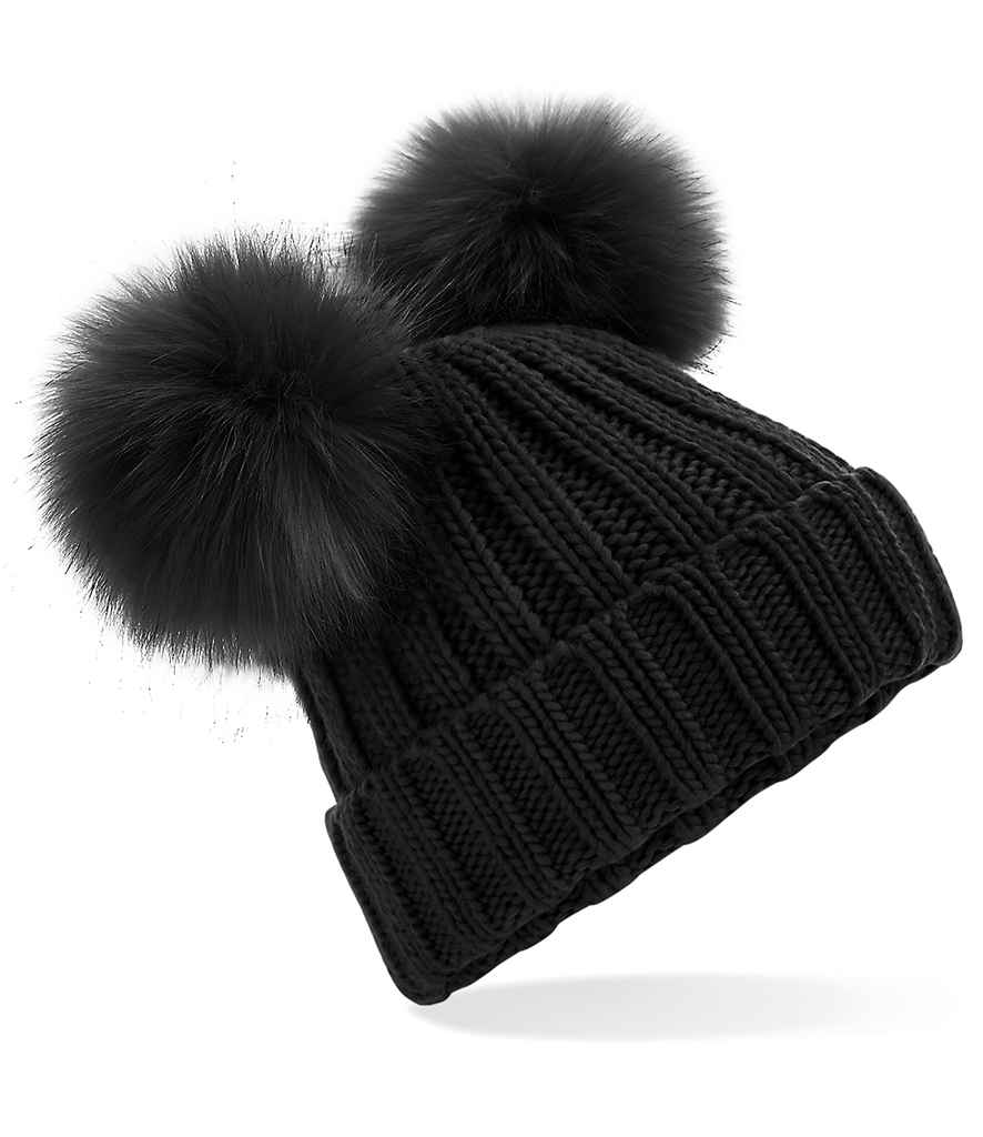 Beechfield Faux Fur Double Pop Pom Beanie in ONE Black by Beechfield — Custom branded clothing by Print Press, featuring premium embroidery produced in our specialist print lab in the UK.
