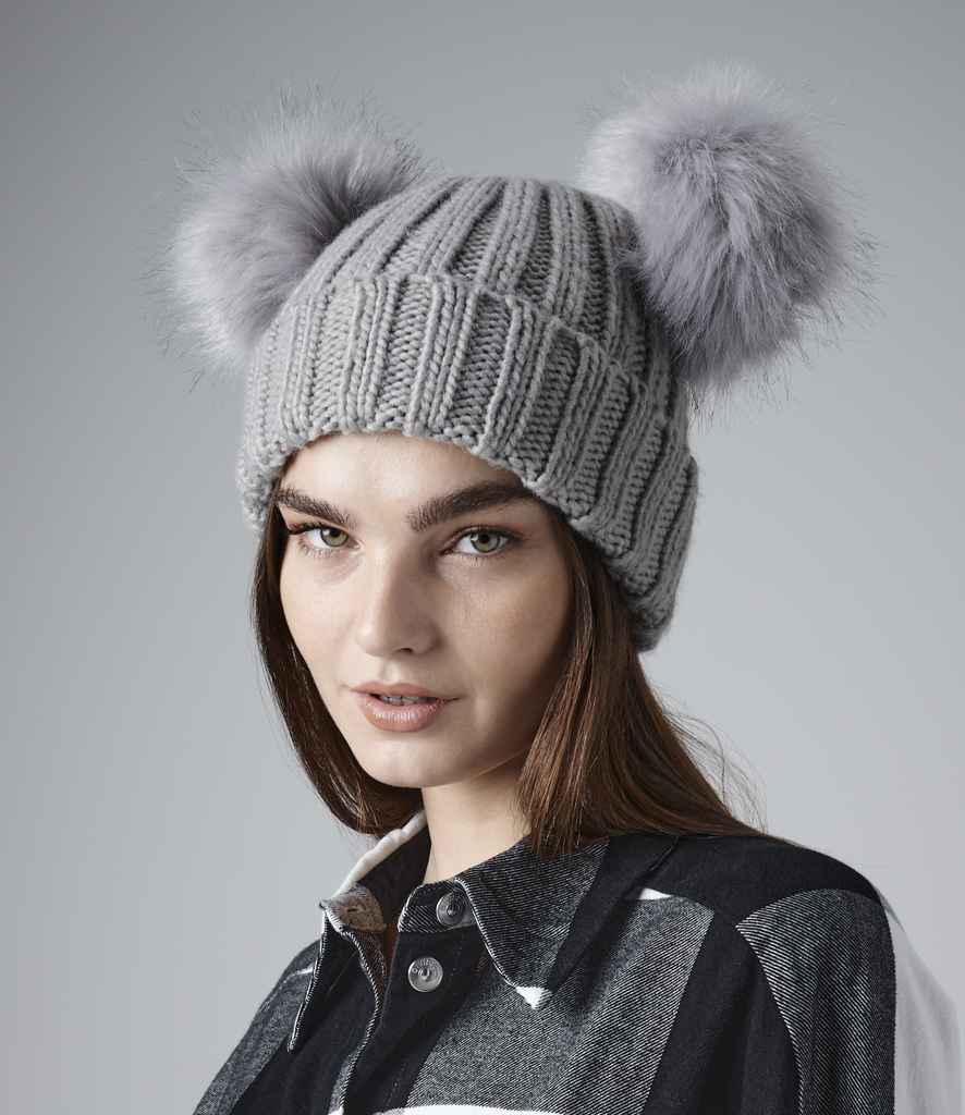 Beechfield Faux Fur Double Pop Pom Beanie in ONE Light Grey by Beechfield — Custom branded clothing by Print Press, featuring premium embroidery produced in our specialist print lab in the UK.