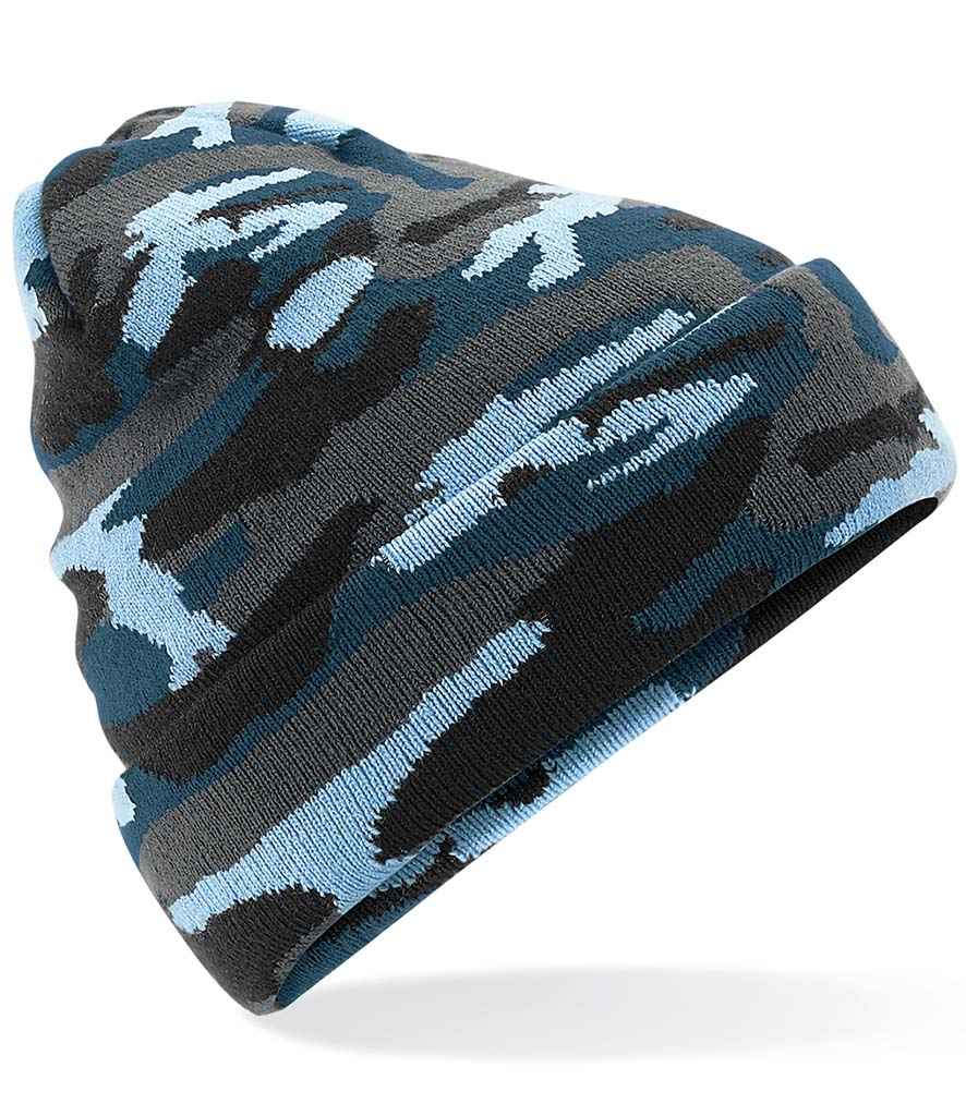 Beechfield Camo Cuffed Beanie in ONE Twilight Camo by Beechfield — Custom branded clothing by Print Press, featuring premium embroidery produced in our specialist print lab in the UK.