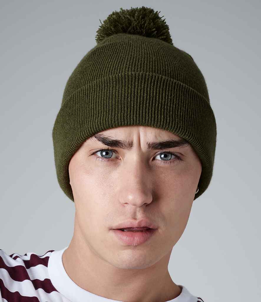 Beechfield Original Pom Pom Beanie in ONE Moss Green by Beechfield — Custom branded clothing by Print Press, featuring premium embroidery produced in our specialist print lab in the UK.