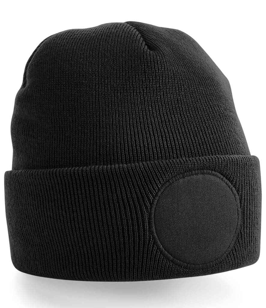 Beechfield Circular Patch Beanie in ONE Black by Beechfield — Custom branded clothing by Print Press, featuring premium embroidery produced in our specialist print lab in the UK.