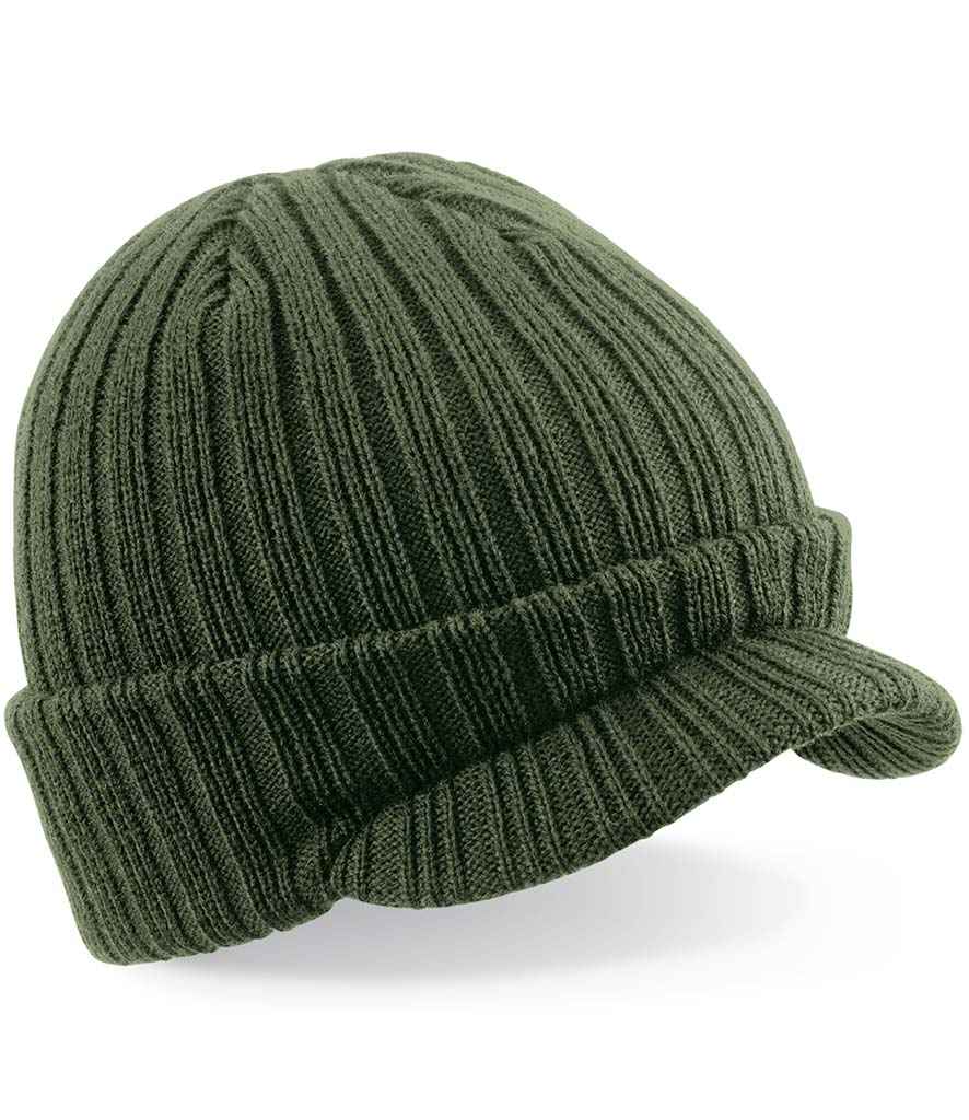 Beechfield Peaked Beanie in ONE Olive Green by Beechfield — Custom branded clothing by Print Press, featuring premium embroidery produced in our specialist print lab in the UK.