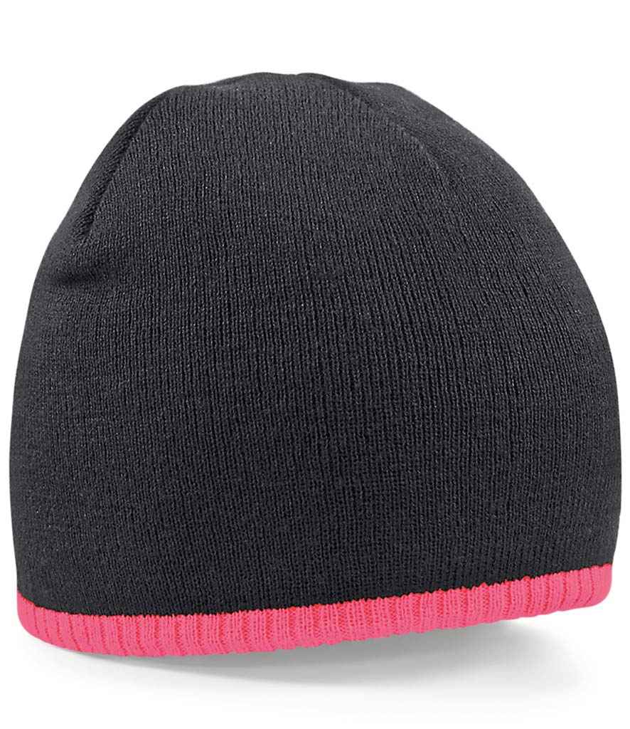 Beechfield Two Tone Pull-On Beanie in ONE Black Fluorescent Pink by Beechfield — Custom branded clothing by Print Press, featuring premium embroidery produced in our specialist print lab in the UK.