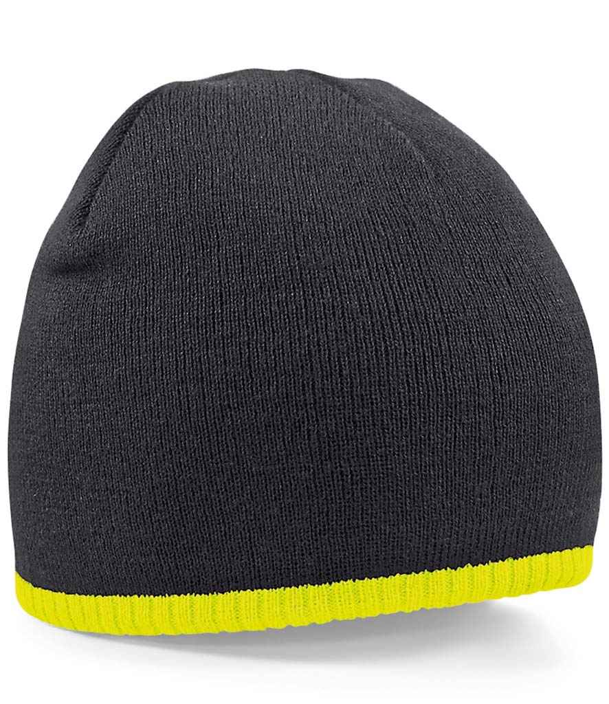 Beechfield Two Tone Pull-On Beanie in ONE Black Fluorescent Yellow by Beechfield — Custom branded clothing by Print Press, featuring premium embroidery produced in our specialist print lab in the UK.