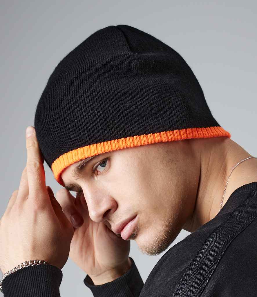Beechfield Two Tone Pull-On Beanie in ONE Black Fluorescent Orange by Beechfield — Custom branded clothing by Print Press, featuring premium embroidery produced in our specialist print lab in the UK.