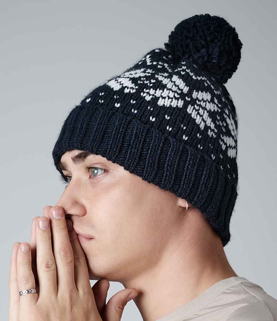 Beechfield Fair Isle Snowstar® Beanie in ONE Black White by Beechfield — Custom branded clothing by Print Press, featuring premium embroidery produced in our specialist print lab in the UK.