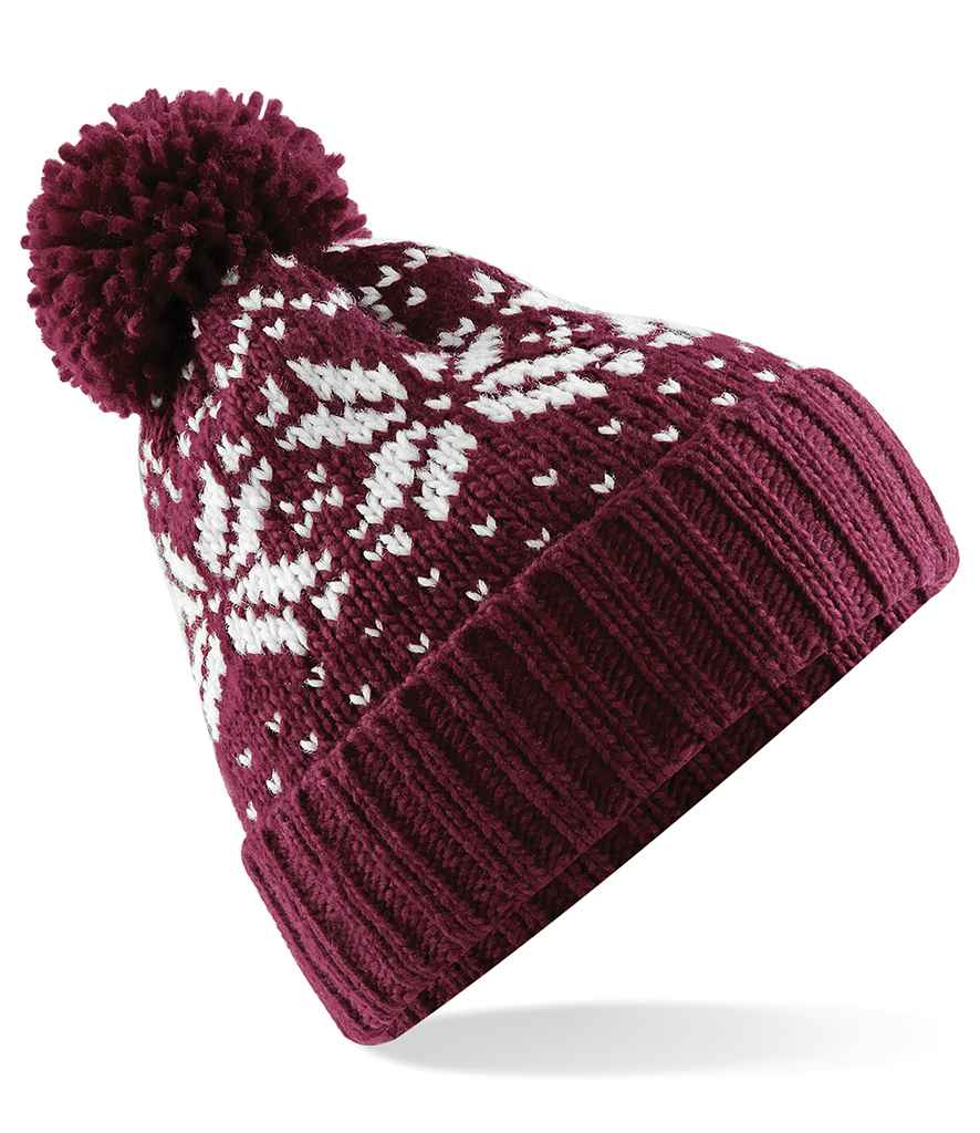 Beechfield Fair Isle Snowstar® Beanie in ONE Burgundy White by Beechfield — Custom branded clothing by Print Press, featuring premium embroidery produced in our specialist print lab in the UK.