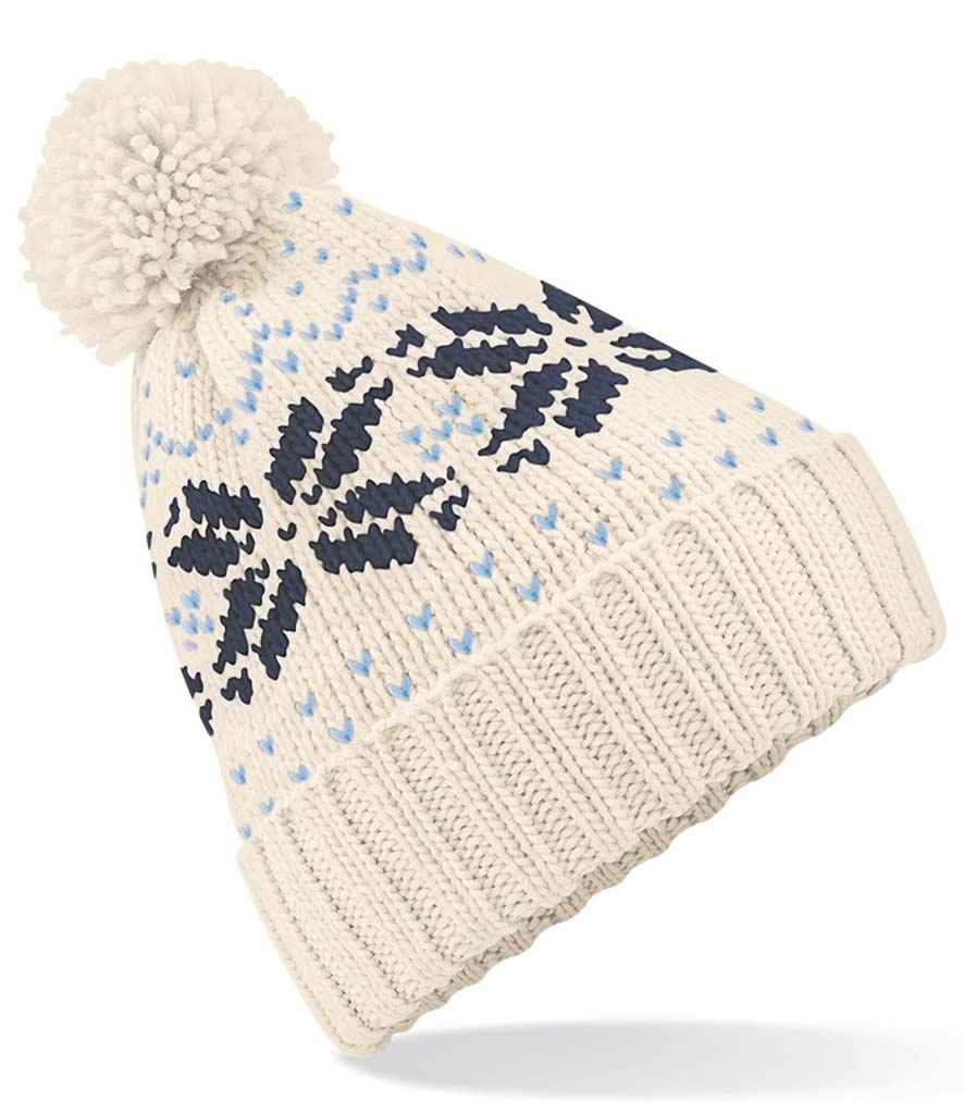 Beechfield Fair Isle Snowstar® Beanie in ONE Off White Navy Sky Blue by Beechfield — Custom branded clothing by Print Press, featuring premium embroidery produced in our specialist print lab in the UK.