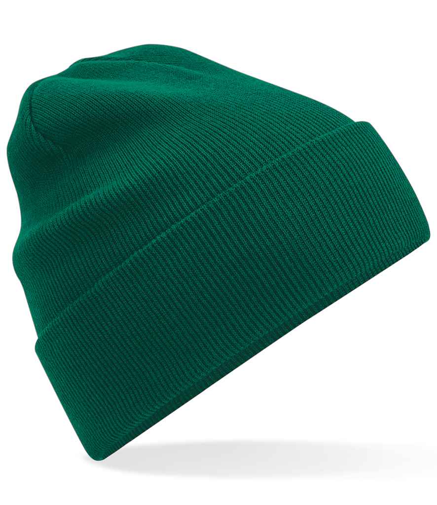 Beechfield Organic Cotton Original Cuffed Beanie in ONE Bottle Green by Beechfield — Custom branded clothing by Print Press, featuring premium embroidery produced in our specialist print lab in the UK.