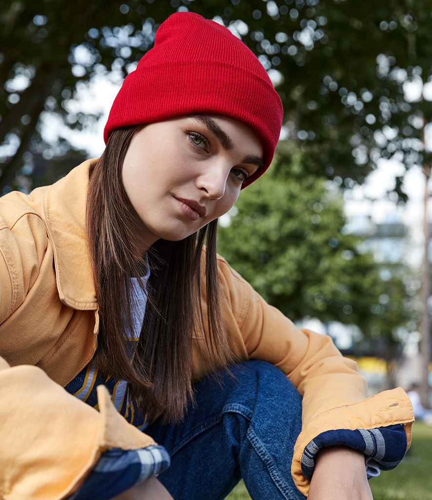 Beechfield Organic Cotton Original Cuffed Beanie in ONE Classic Red by Beechfield — Custom branded clothing by Print Press, featuring premium embroidery produced in our specialist print lab in the UK.
