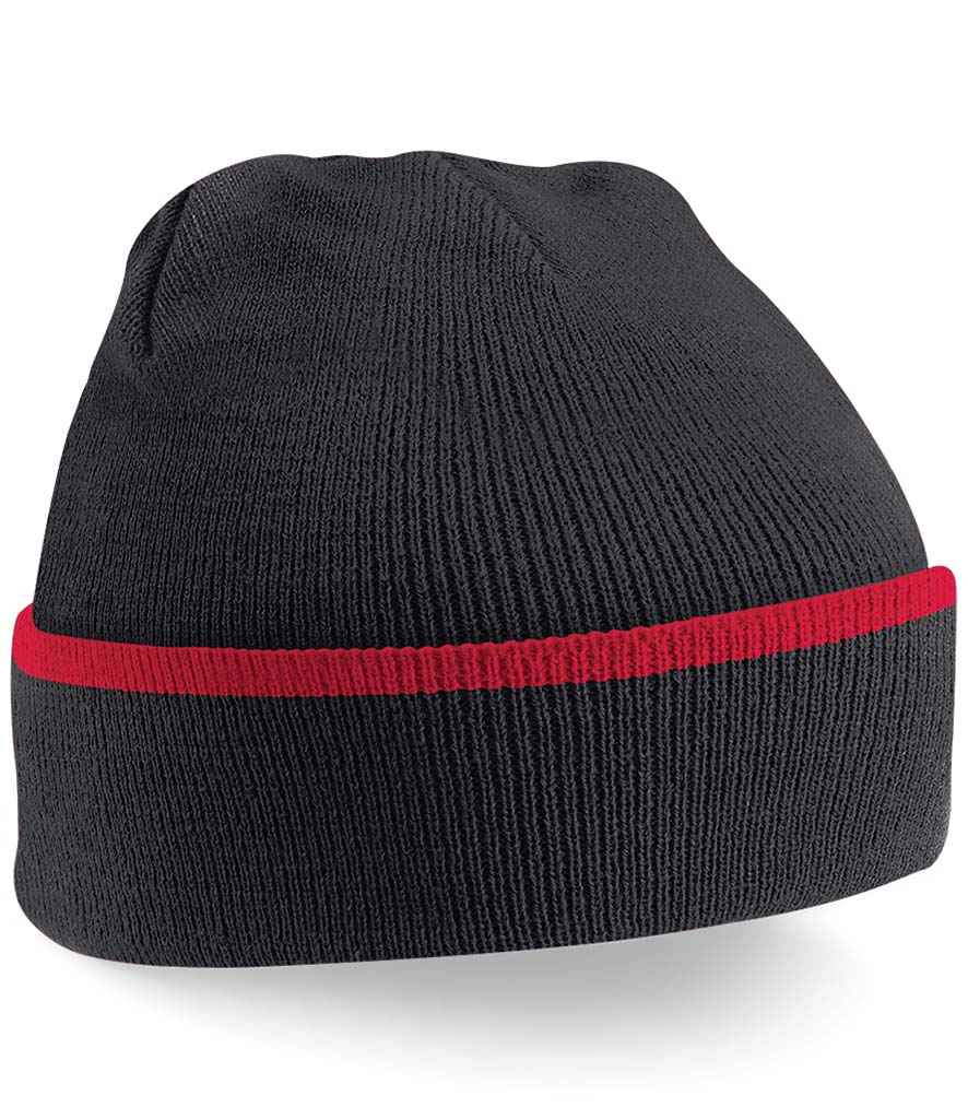 Beechfield Teamwear Beanie in ONE Black Classic Red by Beechfield — Custom branded clothing by Print Press, featuring premium embroidery produced in our specialist print lab in the UK.