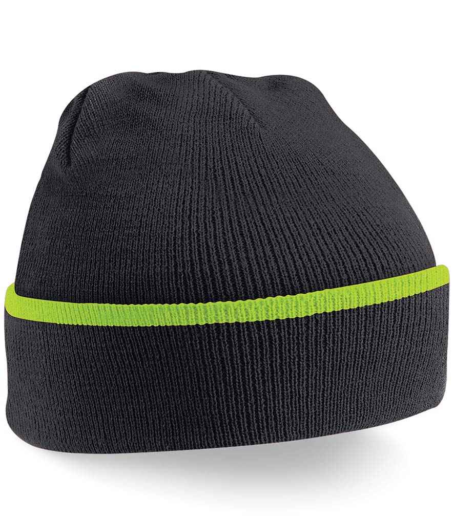 Beechfield Teamwear Beanie in ONE Black Lime Green by Beechfield — Custom branded clothing by Print Press, featuring premium embroidery produced in our specialist print lab in the UK.