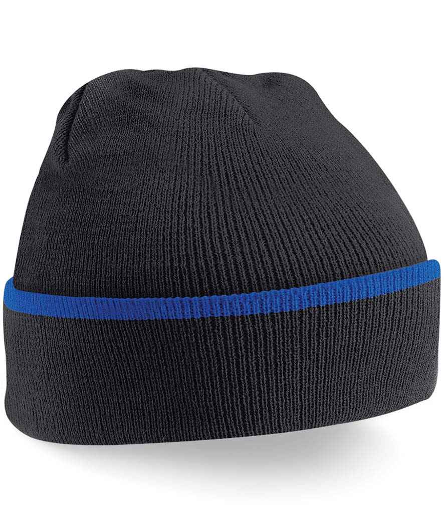 Beechfield Teamwear Beanie in ONE Black Bright Royal by Beechfield — Custom branded clothing by Print Press, featuring premium embroidery produced in our specialist print lab in the UK.