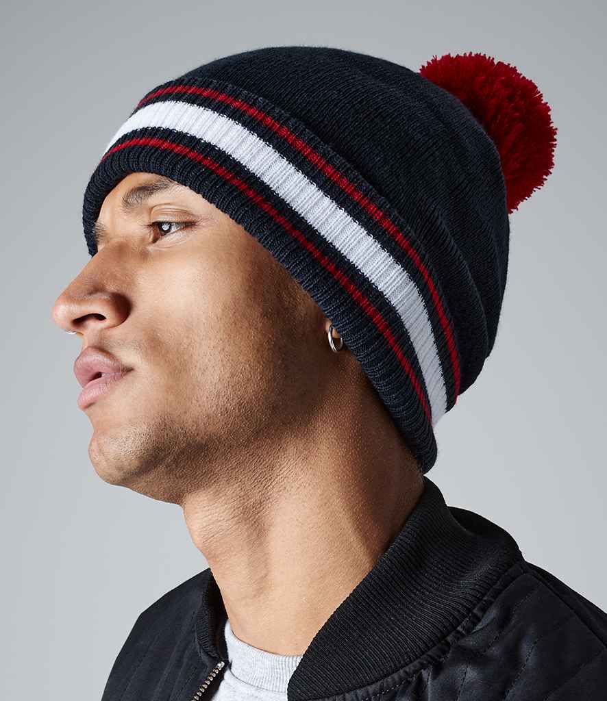 Beechfield Stadium Beanie in ONE Black Classic Red by Beechfield — Custom branded clothing by Print Press, featuring premium embroidery produced in our specialist print lab in the UK.