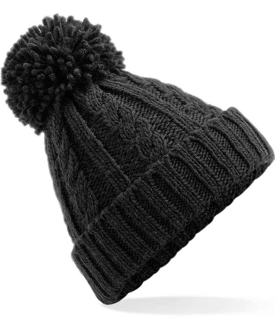 Beechfield Cable Knit Melange Beanie in ONE Black by Beechfield — Custom branded clothing by Print Press, featuring premium embroidery produced in our specialist print lab in the UK.