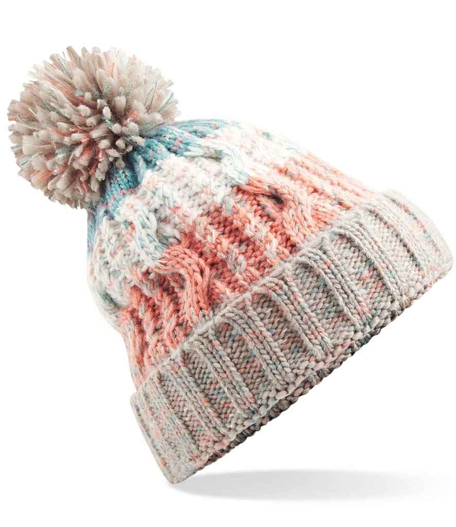 Beechfield Corkscrew Pom Pom Beanie in ONE Milkshake Mix by Beechfield — Custom branded clothing by Print Press, featuring premium embroidery produced in our specialist print lab in the UK.