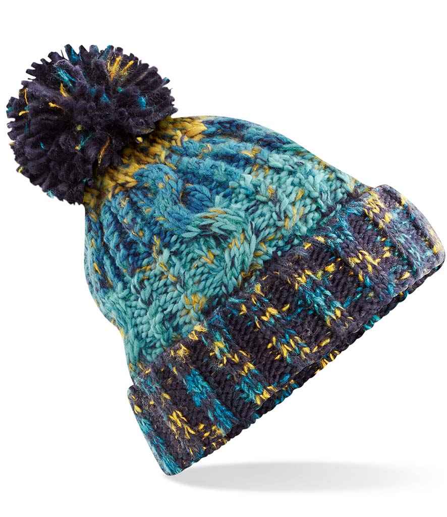 Beechfield Corkscrew Pom Pom Beanie in ONE Marina Splash by Beechfield — Custom branded clothing by Print Press, featuring premium embroidery produced in our specialist print lab in the UK.