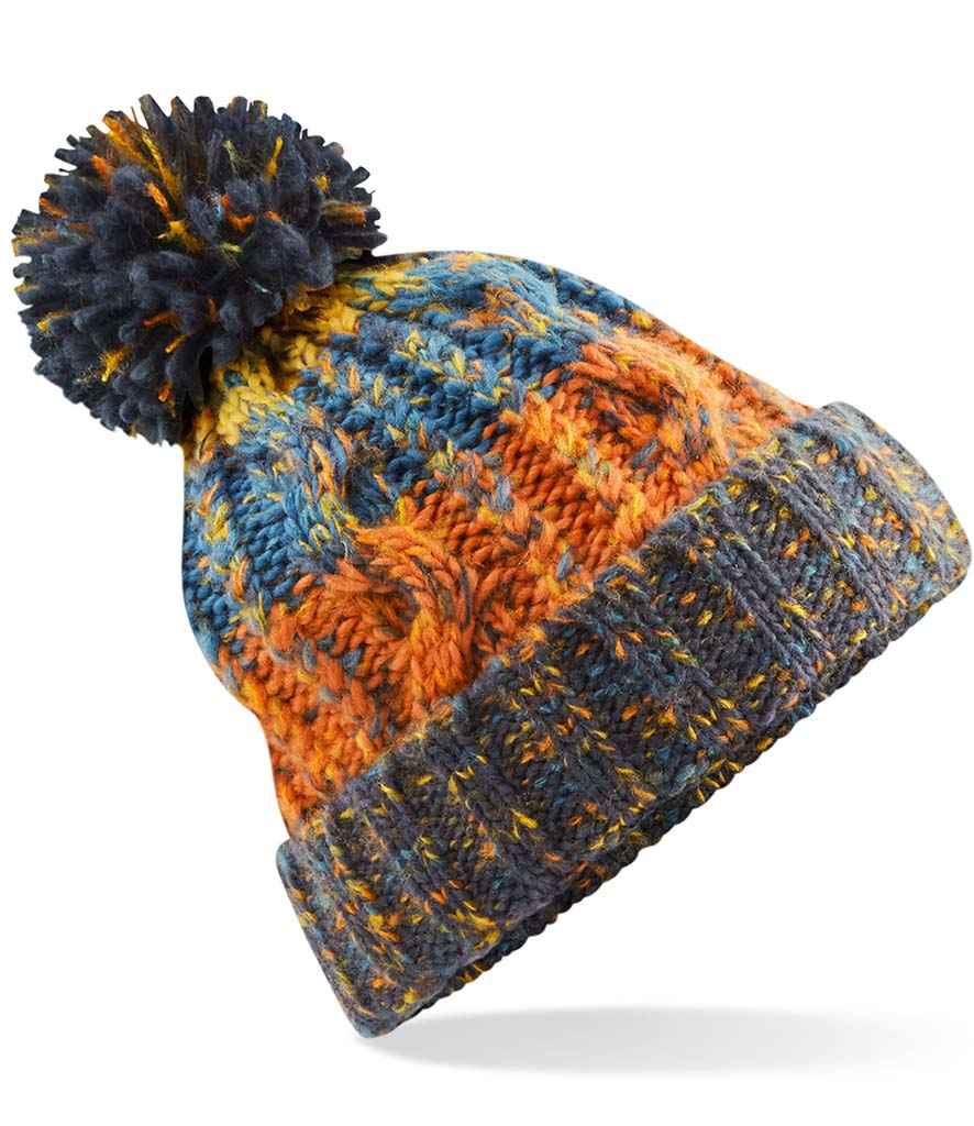 Beechfield Corkscrew Pom Pom Beanie in ONE Retro Blues by Beechfield — Custom branded clothing by Print Press, featuring premium embroidery produced in our specialist print lab in the UK.