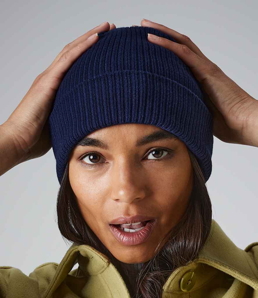 Beechfield Organic Cotton Beanie in ONE Oxford Navy by Beechfield — Custom branded clothing by Print Press, featuring premium embroidery produced in our specialist print lab in the UK.