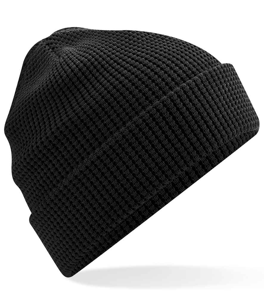 Beechfield Organic Cotton Waffle Beanie in ONE Black by Beechfield — Custom branded clothing by Print Press, featuring premium embroidery produced in our specialist print lab in the UK.