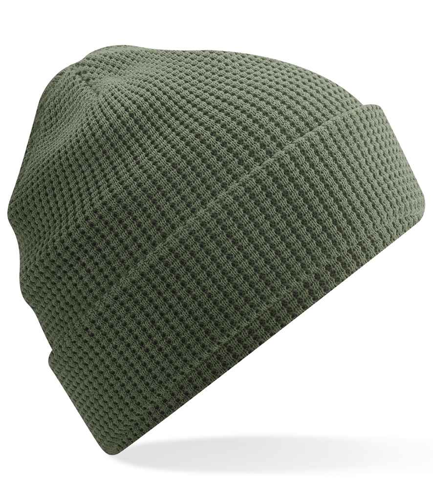 Beechfield Organic Cotton Waffle Beanie in ONE Olive Green by Beechfield — Custom branded clothing by Print Press, featuring premium embroidery produced in our specialist print lab in the UK.