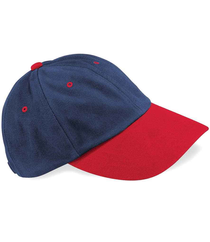Beechfield Heavy Brushed Low Profile Cap in ONE French Navy Classic Red by Beechfield — Custom branded clothing by Print Press, featuring premium embroidery produced in our specialist print lab in the UK.