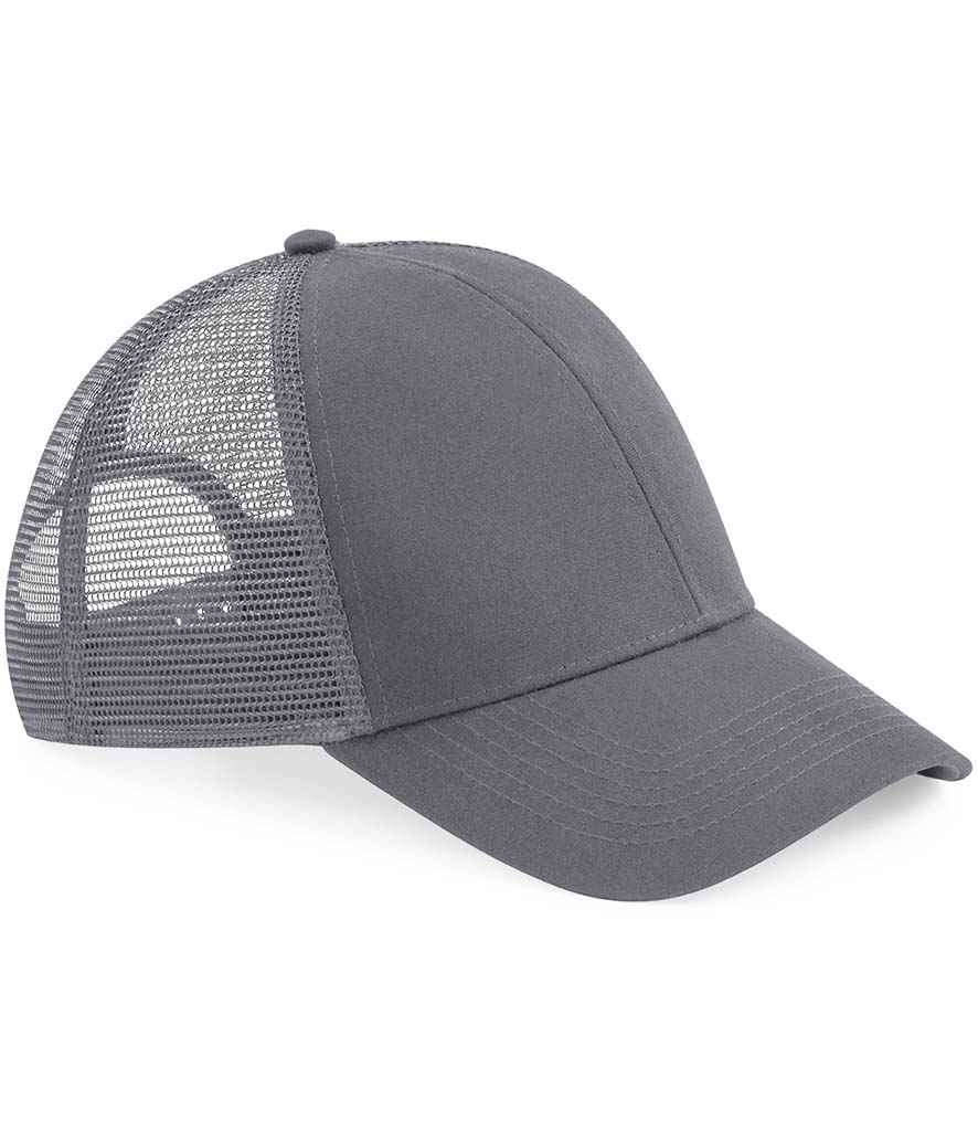 Beechfield Organic Cotton Trucker Cap in ONE Graphite Grey by Beechfield — Custom branded clothing by Print Press, featuring premium embroidery produced in our specialist print lab in the UK.