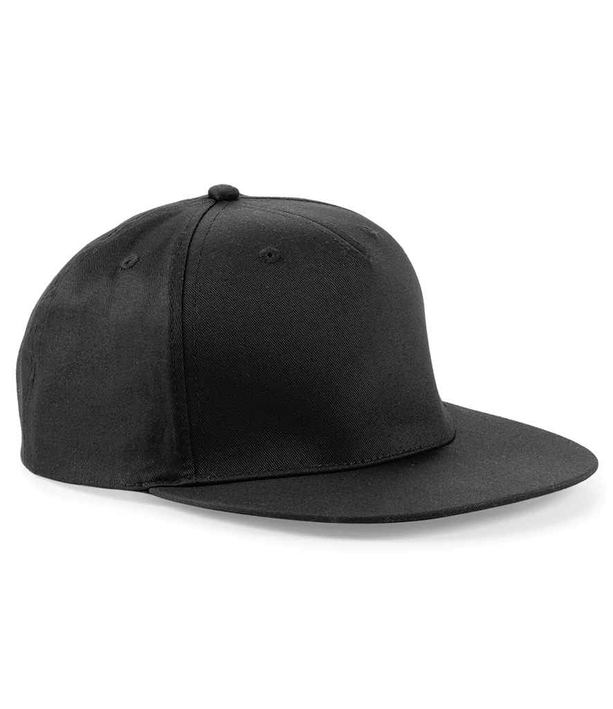 Beechfield 5 Panel Snapback Rapper Cap in ONE Black by Beechfield — Custom branded clothing by Print Press, featuring premium embroidery produced in our specialist print lab in the UK.