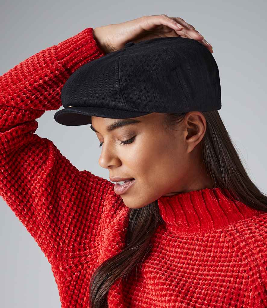 Beechfield Newsboy Cap in S M Black by Beechfield — Custom branded clothing by Print Press, featuring premium embroidery produced in our specialist print lab in the UK.