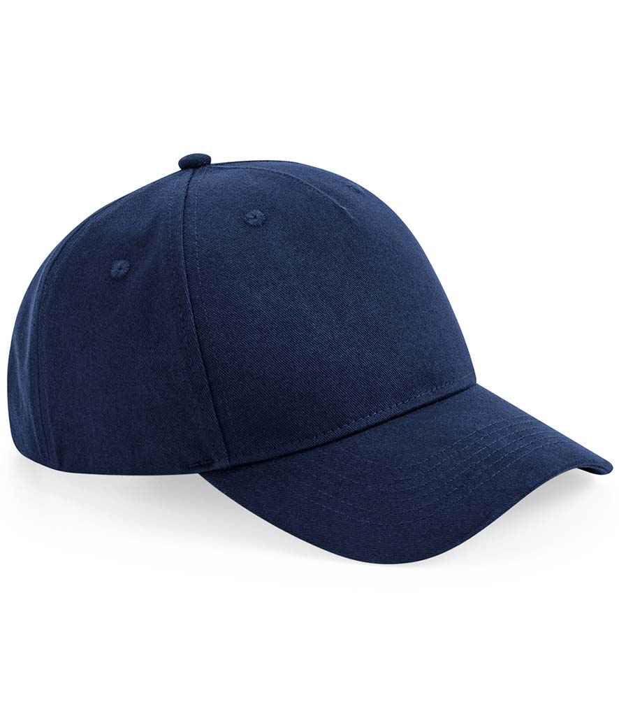 Beechfield Organic Cotton 5 Panel Cap in ONE Navy by Beechfield — Custom branded clothing by Print Press, featuring premium embroidery produced in our specialist print lab in the UK.