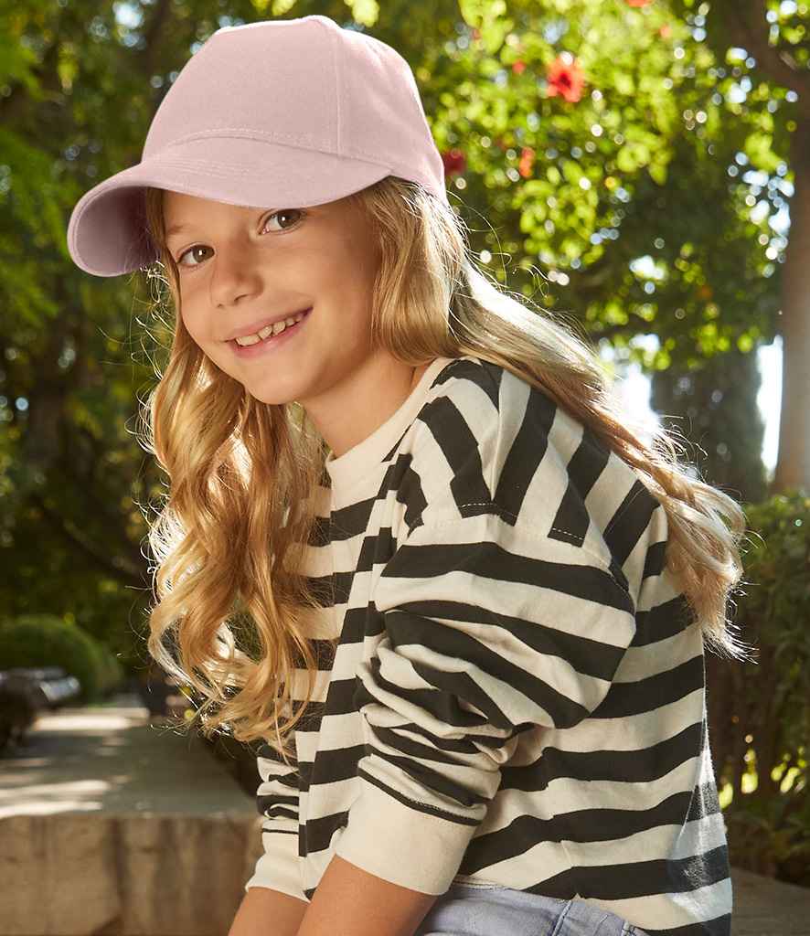 Beechfield Kids Organic Cotton 5 Panel Cap in ONE Powder Pink by Beechfield — Custom branded clothing by Print Press, featuring premium embroidery produced in our specialist print lab in the UK.