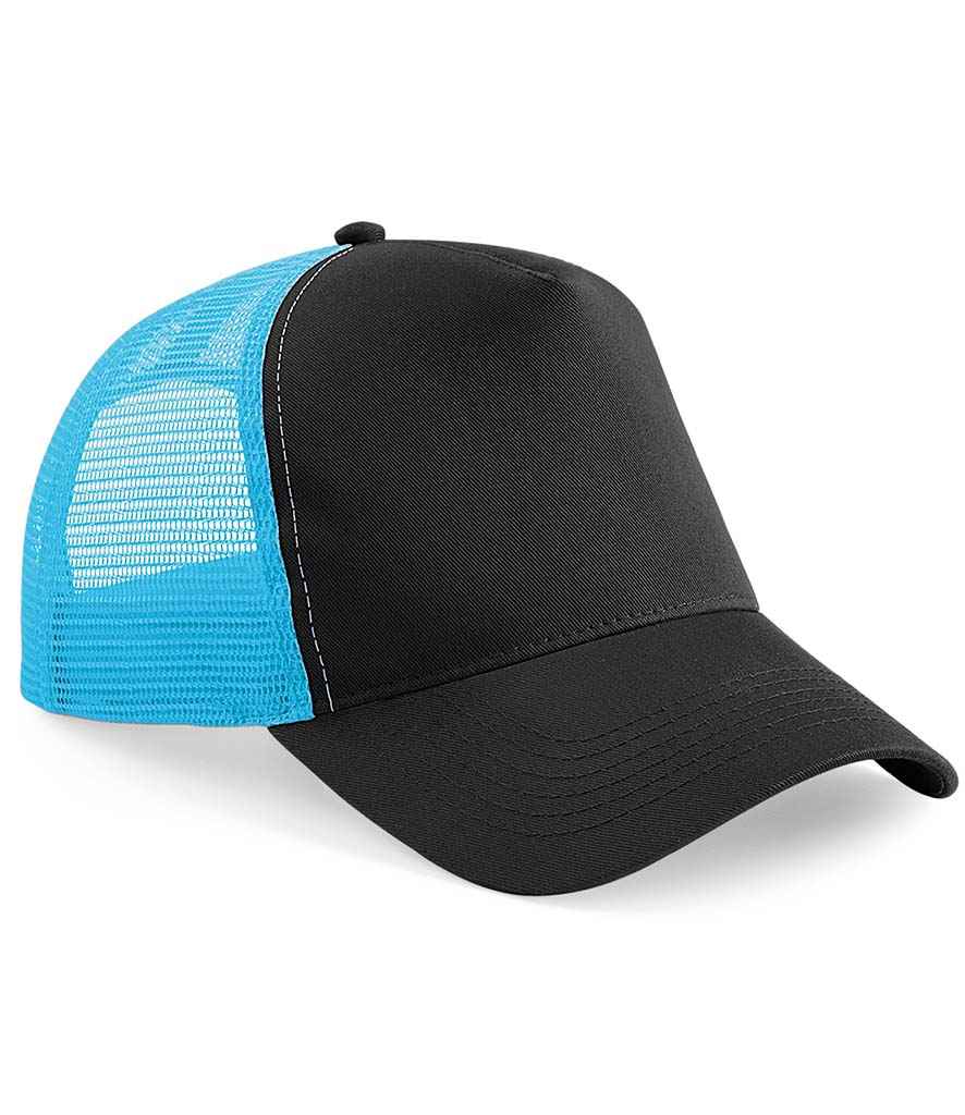 Beechfield Snapback Trucker Cap in ONE Black Surf Blue by Beechfield — Custom branded clothing by Print Press, featuring premium embroidery produced in our specialist print lab in the UK.