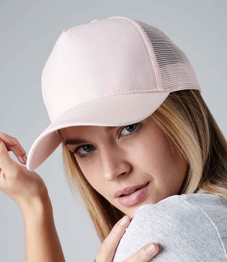 Beechfield Snapback Trucker Cap in ONE Pastel Pink Pastel Pink by Beechfield — Custom branded clothing by Print Press, featuring premium embroidery produced in our specialist print lab in the UK.