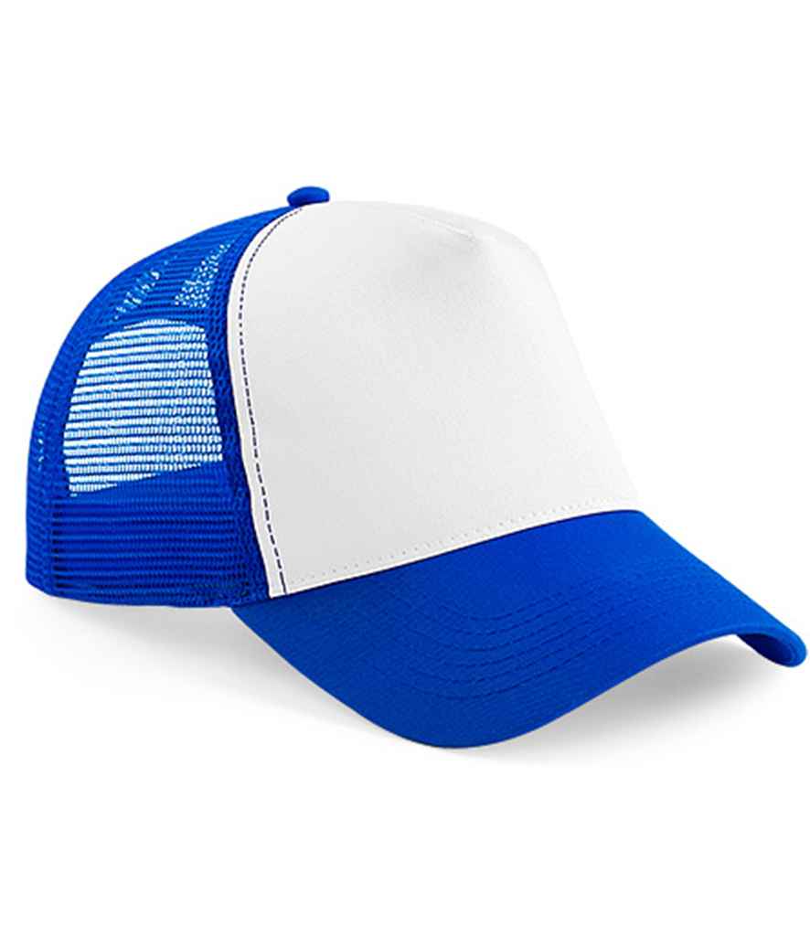 Beechfield Snapback Trucker Cap in ONE Bright Royal White by Beechfield — Custom branded clothing by Print Press, featuring premium embroidery produced in our specialist print lab in the UK.