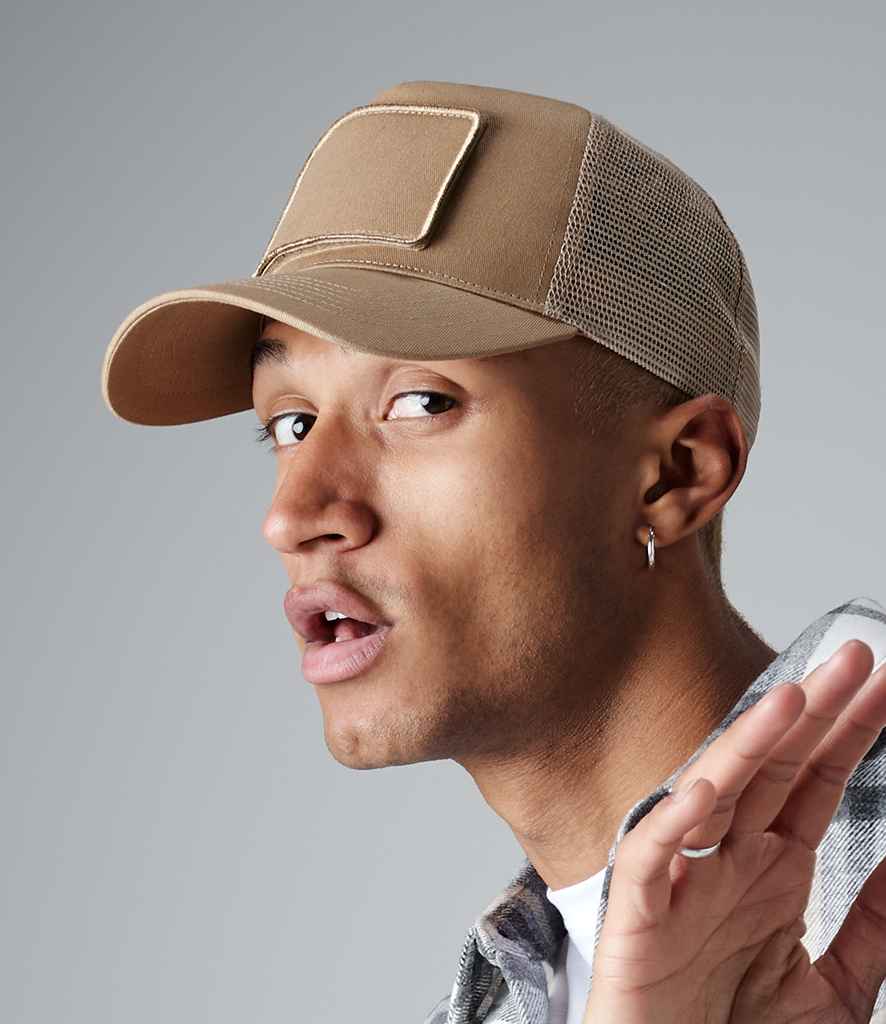 Beechfield Patch Snapback Trucker Cap in ONE Desert Sand by Beechfield — Custom branded clothing by Print Press, featuring premium embroidery produced in our specialist print lab in the UK.