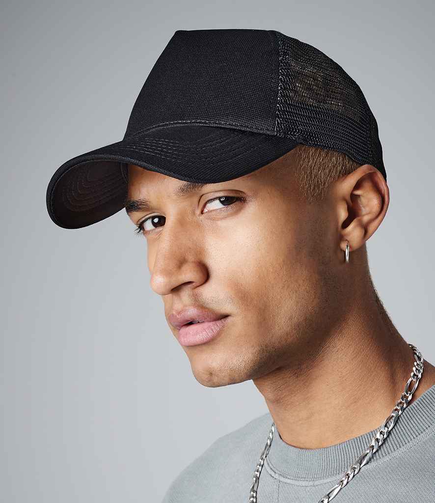Beechfield Microknit Snapback Trucker Cap in ONE Black by Beechfield — Custom branded clothing by Print Press, featuring premium embroidery produced in our specialist print lab in the UK.