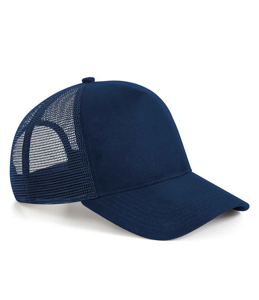 Beechfield Suede Snapback Trucker Cap in ONE French Navy by Beechfield — Custom branded clothing by Print Press, featuring premium embroidery produced in our specialist print lab in the UK.