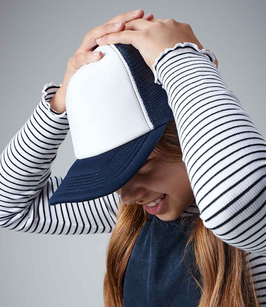 Beechfield Kids Vintage Snapback Trucker Cap in ONE French Navy White by Beechfield — Custom branded clothing by Print Press, featuring premium embroidery produced in our specialist print lab in the UK.