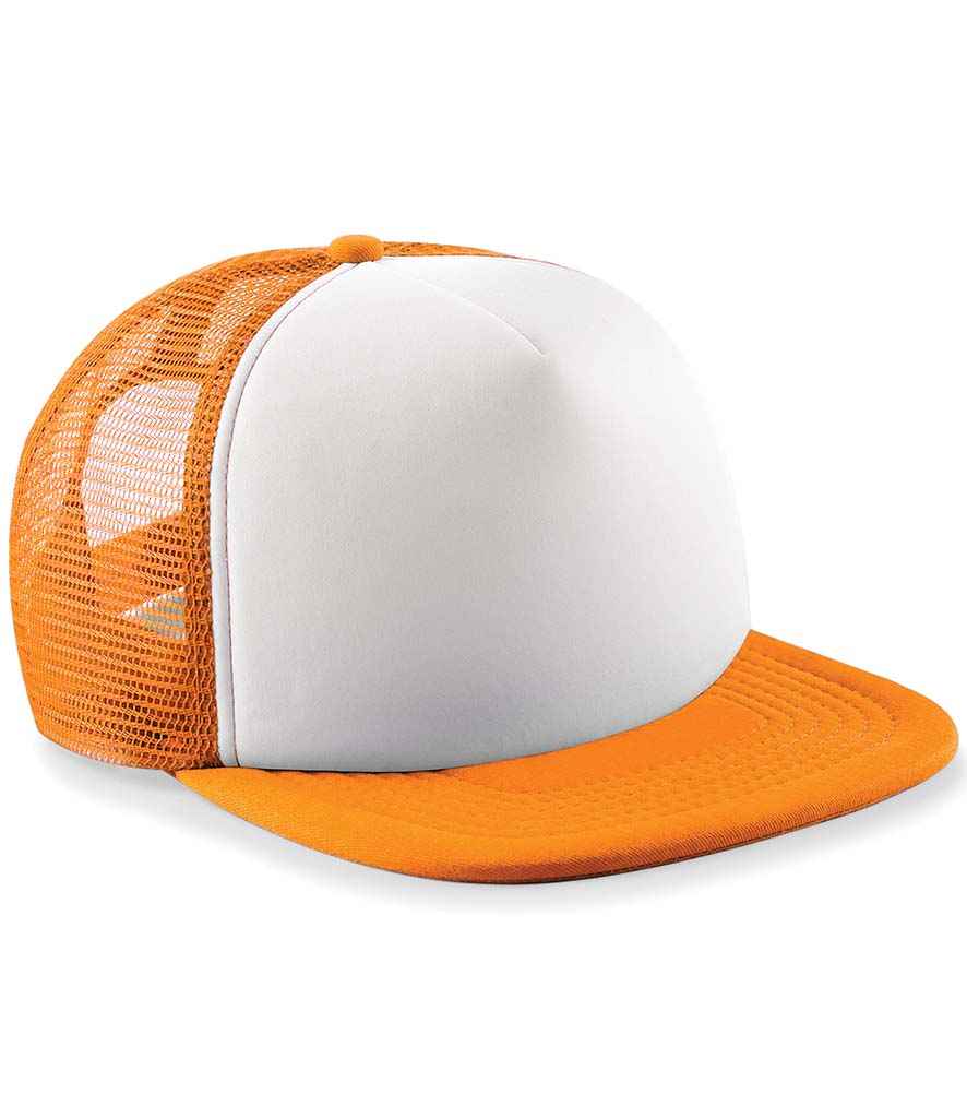 Beechfield Kids Vintage Snapback Trucker Cap in ONE Orange White by Beechfield — Custom branded clothing by Print Press, featuring premium embroidery produced in our specialist print lab in the UK.