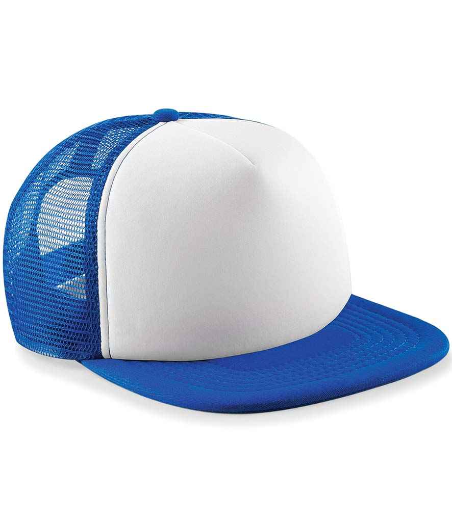 Beechfield Kids Vintage Snapback Trucker Cap in ONE Bright Royal White by Beechfield — Custom branded clothing by Print Press, featuring premium embroidery produced in our specialist print lab in the UK.