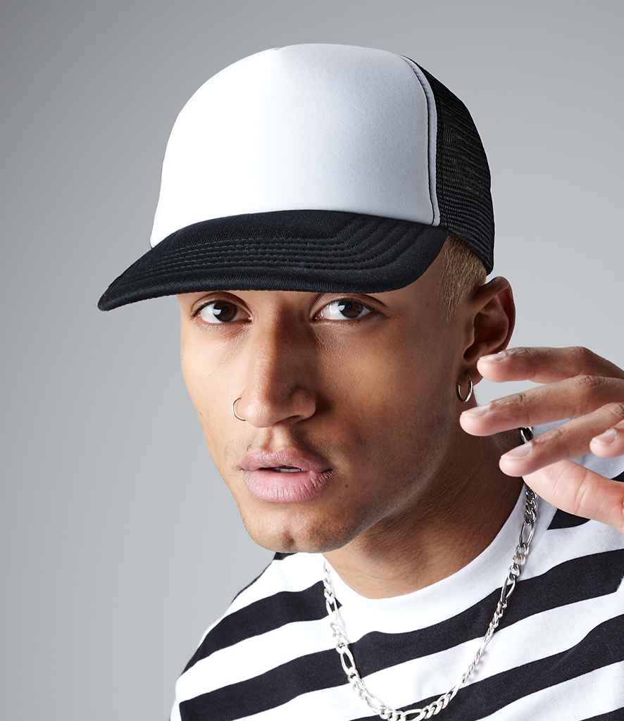 Beechfield Vintage Snapback Trucker Cap in ONE Black White by Beechfield — Custom branded clothing by Print Press, featuring premium embroidery produced in our specialist print lab in the UK.
