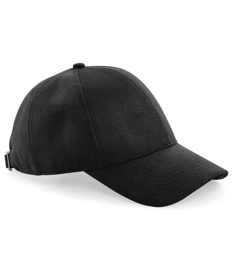 Beechfield Faux Suede 6 Panel Cap in ONE Black by Beechfield — Custom branded clothing by Print Press, featuring premium embroidery produced in our specialist print lab in the UK.