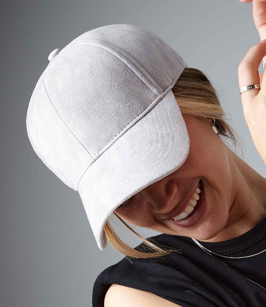 Beechfield Faux Suede 6 Panel Cap in ONE Light Grey by Beechfield — Custom branded clothing by Print Press, featuring premium embroidery produced in our specialist print lab in the UK.